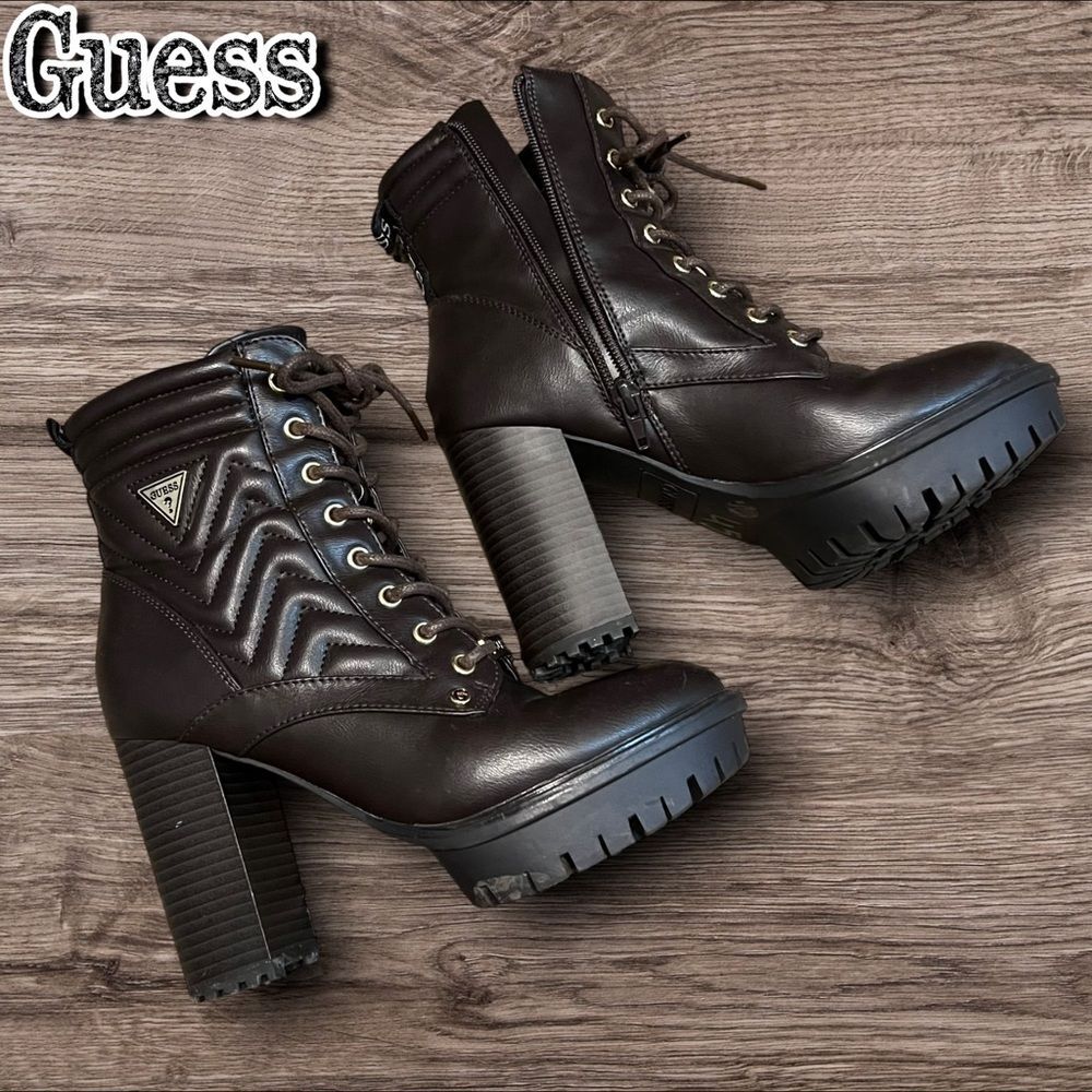 Preowned EUC GUESS Quilted Lace-Up Platform Heeled Boots – Size 5.5M